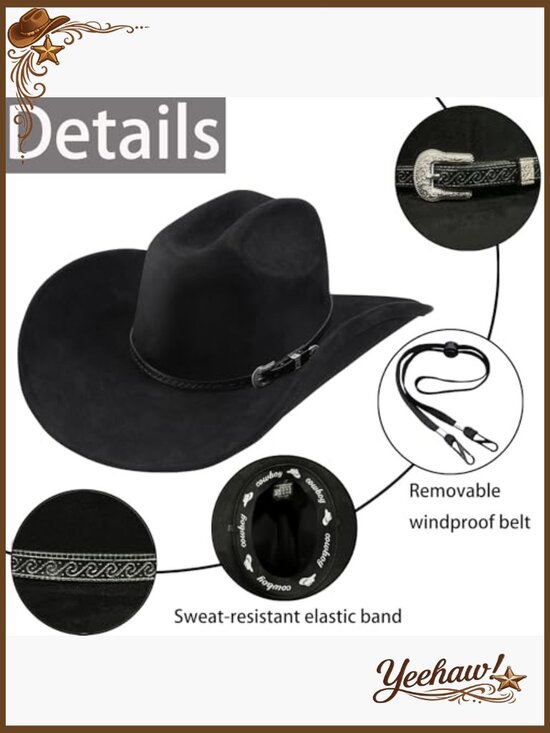 Shapeable Wide Brim Felt Cowboy Hat with Bolo Tie, Adjustable Fit main image 7